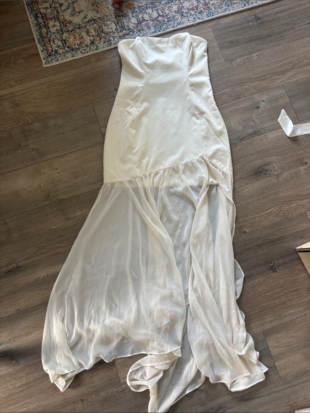 Oh Polly Ivory Strapless Bridal Satin Gown with Sheer Chiffon Train